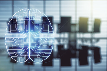 Aufkleber - Double exposure of creative human brain microcircuit hologram on a modern boardroom background. Future technology and AI concept