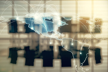 Poster - Double exposure of abstract digital world map hologram with connections on a modern boardroom background, big data and blockchain concept
