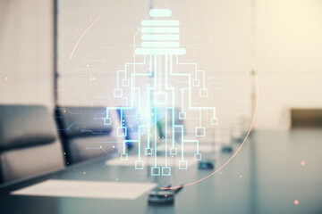 Poster - Virtual creative light bulb with chip hologram on a modern boardroom background, artificial Intelligence and neural networks concept. Multiexposure
