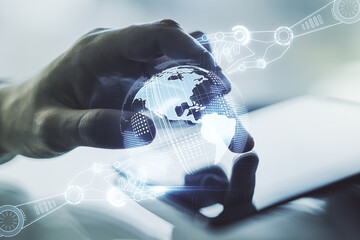 Aufkleber - Double exposure of robotics technology with world map hologram and finger clicks on a digital tablet on background. Research and development software concept
