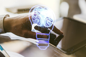 Poster - Double exposure of creative light bulb hologram with human brain and with finger clicks on a digital tablet on background, idea and brainstorming concept