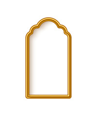 Arabic gold arch with shining lights inside isolated on white background. 3D islam window architecture shape for muslim holidays, design element door, golden tube frame. Realistic vector illustration