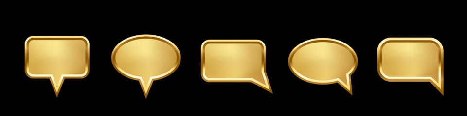 Poster - Gold speech bubble frames set for picture with shadow on black background. Ellipse and square blank space for picture, painting. 3d realistic tube template vector illustration. Simple object mockup