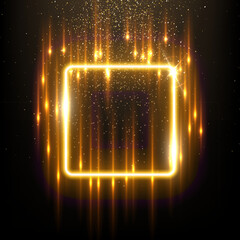 Poster - gold square with flash rays and sparks vector illustration. realistic 3d shiny golden frame with edg