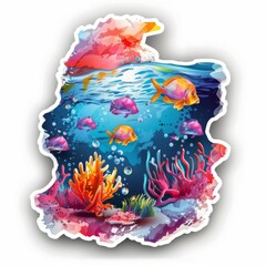 Colorful fish, corals and algae on the seabed, space colors, watercolor, for design, 3d sticker.