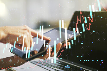 Poster - Double exposure of abstract creative financial diagram with finger clicks on a digital tablet on background, banking and accounting concept