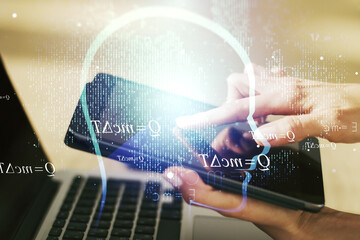 Poster - Creative artificial Intelligence concept with human head hologram and finger clicks on a digital tablet on background. Multiexposure