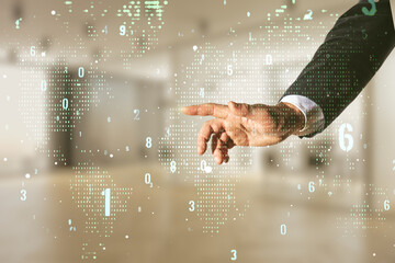Aufkleber - Double exposure of man hand working with abstract creative programming illustration and world map on blurred office background, big data and blockchain concept