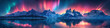 panorama with northern lights in starry sky over lake with mountains in winter. Colorful aurora borealis