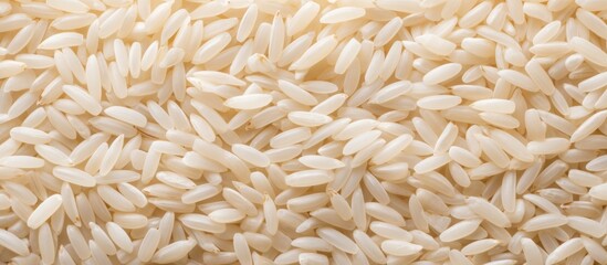 Canvas Print - A close up of a pile of beige rice, a staple food in cuisine. The grains create a beautiful pattern resembling grass, perfect for any event or dish