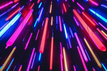  - A colorful display of neon glow sticks arranged in patterns, casting a vibrant glow in a dark room. Generative AI