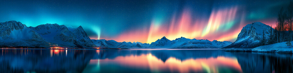 Wall Mural - panorama with northern lights in night sky over lake with mountains in winter. multicolored aurora b