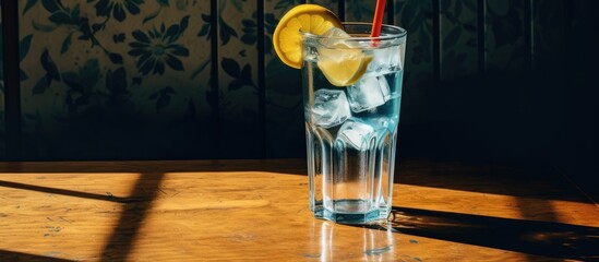 Wall Mural - A highball glass containing a refreshing cocktail made of liquid, ice, and a citrus ingredient, resting on a wooden table