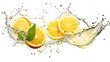 © koku studio - Yuzu sliced pieces flying in the air with water splash isolated on transparent png.