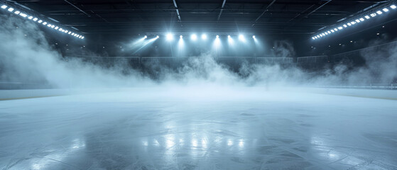 Wall Mural -  Blue Ice Rink Background. Professional Arena illuminated neon lights, spotlights with smoke. Copyspace. Winter poster for hockey competitions. Ice skating. Stadium. Generative ai