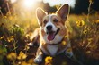 Smiling corgi dog playing in meadow, perfect for showcasing tick and flea protection products