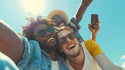 Multi ethnic guys and girls taking selfie outdoors with backlight - Happy life style friendship concept on young multicultural people having fun day together