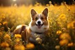 Happy corgi dog playing in meadow with copy space, tick and flea protection concept