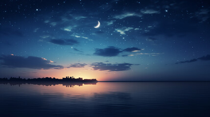 a Ramadan sky with stars and a crescent moon above a calm sea. Ramdan Kareem & Eid Mubark. 