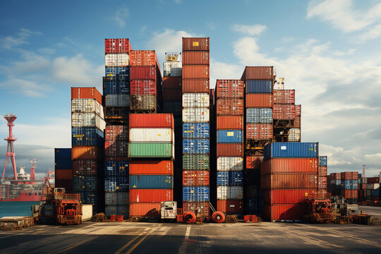 massive stack of multicolored shipping containers at an industrial port against a blue sky.