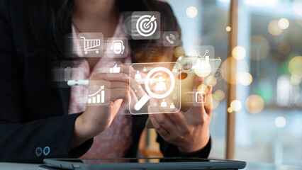 Wall Mural - hand shows the sign and icon of digital marketing internet advertising and sales increase business t