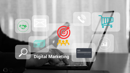 Wall Mural - hand shows the sign and icon of digital marketing internet advertising and sales increase business t