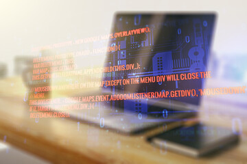 Aufkleber - Multi exposure of abstract graphic coding sketch and modern desktop with pc on background, big data and networking concept