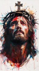 Minimalist religious painting of Jesus Christ with a crown of thorns on his head