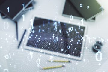 Aufkleber - Creative concept of binary code illustration and modern digital tablet on background, top view. Big data and coding concept. Multiexposure
