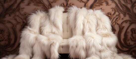 Canvas Print - A white fur coat is draped over a chair in front of a wall made of hardwood flooring. The natural material contrasts beautifully with the soft wool texture of the coat