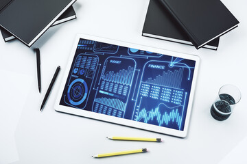 Poster - Stats data illustration on modern digital tablet monitor, computing and analytics concept. Top view. 3D Rendering