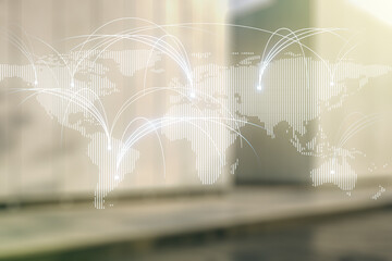 Poster - Double exposure of abstract digital world map hologram with connections on modern business center exterior background, research and strategy concept