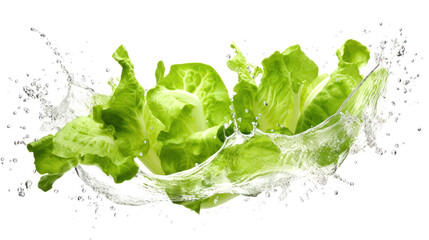 Lettuce sliced pieces flying in the air with water splash isolated on transparent png.
