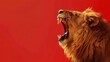 Lion roaring majestically on a deep red background power resonating with expansive copyspace for impact