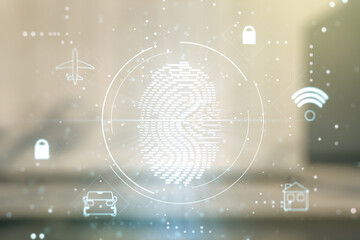 Aufkleber - Double exposure of virtual creative fingerprint hologram on contemporary business center exterior background, protection of personal information concept