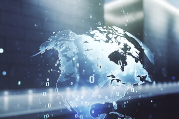 Aufkleber - Double exposure of abstract programming language hologram and world map on modern business center exterior background, research and development concept