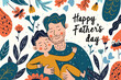 © PixelDreamer - Father's day doodle style vector illustration, Father holding his child doodles vector