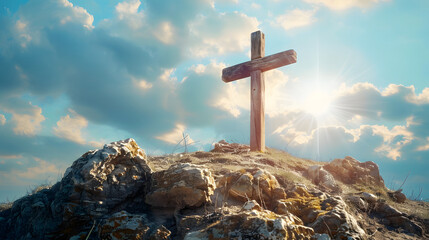 Wall Mural - A wooden cross is placed on top of a rocky hill. The sky is blue with white clouds and a bright sun is shining 