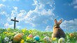 A brown easter bunny sitting on grass hill next to an easter cross. easter bunny sitting with colorful easter eggs. The background is a blue sky with fluffy white clouds