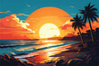 sunset over the sea. Big waves. Bright warm colors. Morning or evening. The beauty of the sea. Seascape, work of art. Vector illustration design.  Beach Landscape. View on the beach at sunset.       
