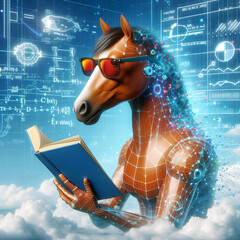 3d illustration of horse smile with sunglasses, reading book and solving math data analytics in concept of future mathematics artificial intelligence technology background - Generative AI