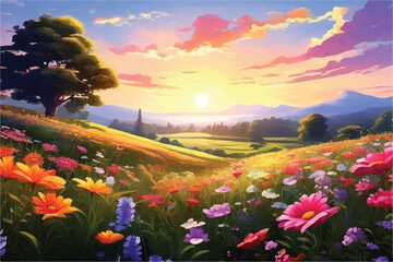 Sunset landscape with flowers, natural beauty. Sunset over a meadow of colorful spring flowers.  Beautiful field landscape with colorful Flowers and Sunset. Vector Illustration. Nature view. 