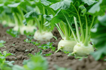 Wall Mural - Fresh Kohlrabi Growing in Garden Soil. A detailed image depicting ripe kohlrabi bulbs with rich green leaves in the fertile soil of a sunlit vegetable garden.