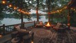 An enchanting evening on a lakeside cabin porch, with string lights and a firepit creating a warm and cozy outdoor retreat.