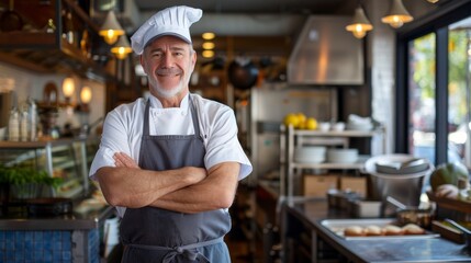 Smiling middle aged male chef with chef hat and crossed arms wears apron standing in the kitchen of his restaurant.