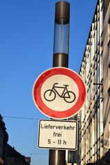 Poster - no biking sign, except for delievery bikes, German traffic sign