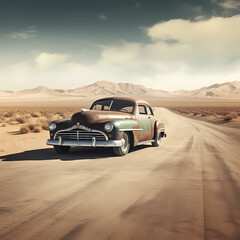 Wall Mural - Vintage car on a deserted desert road.