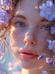 Wall Mural - Beautiful portrait of beautiful girl with flowers with iridescent opalescent colours style