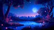 Night time photo of fireflies over a small lake under moonlight in a dream forest. Cartoon dark blue modern fantasy landscape with trees and bushes, pink glowworms atop water in pond.