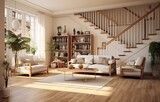 Fototapeta Tulipany - A 3d render of a living room showing the staircase in the middle